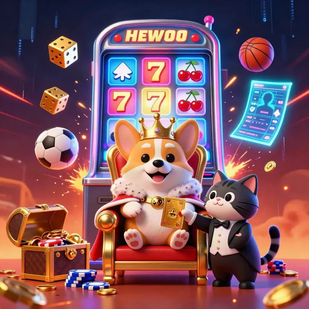 Royal corgi and cat butler amid exploding slot machine, floating sports balls, neon casino glow