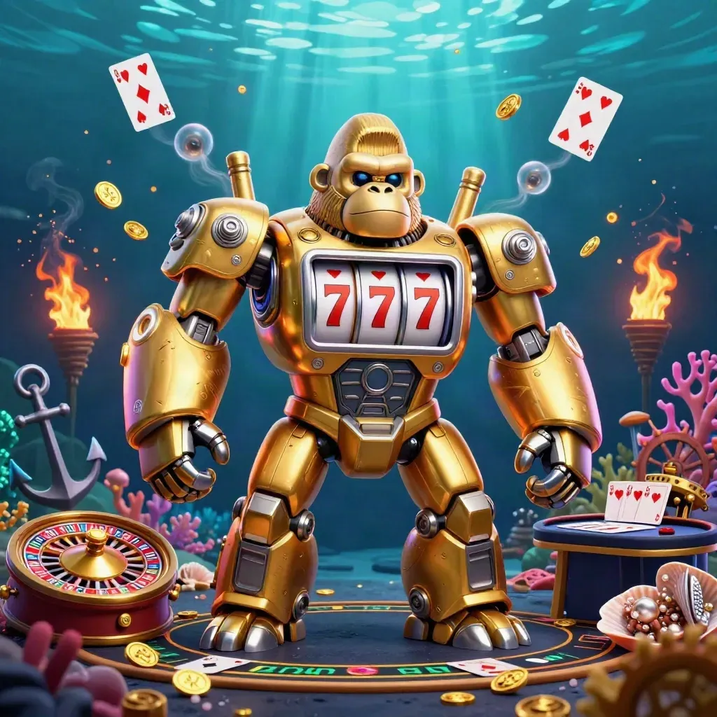 Golden gorilla mech with tiny monkey pilot in a neon underwater casino treasure cove.