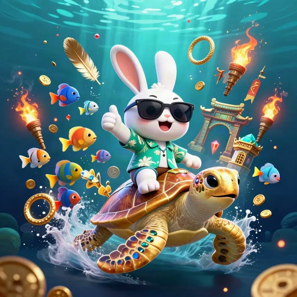 Rabbit in sunglasses rides a gem turtle amid treasure, fish, teal light, and casino fantasy action.