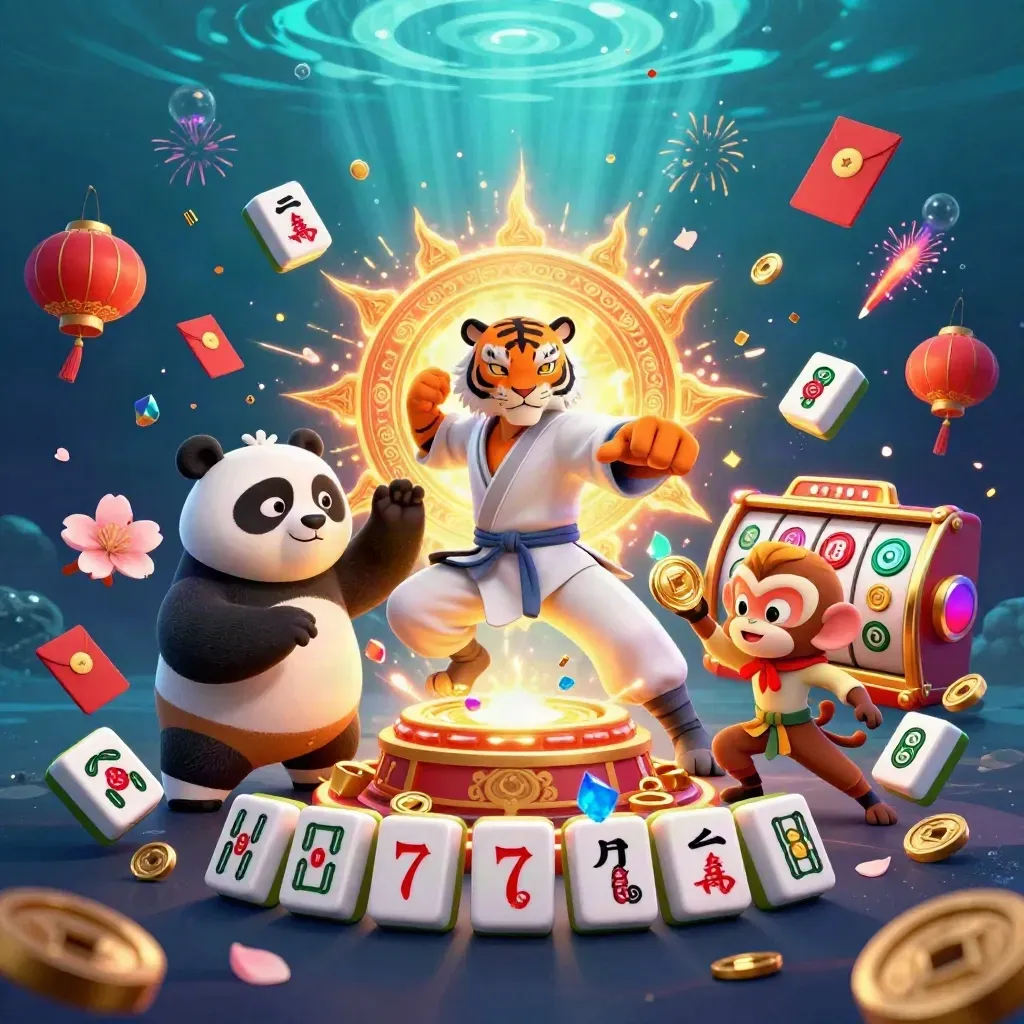 Kung-fu tiger, panda and monkey amid glowing relics, tiles and casino effects in teal underwater light.
