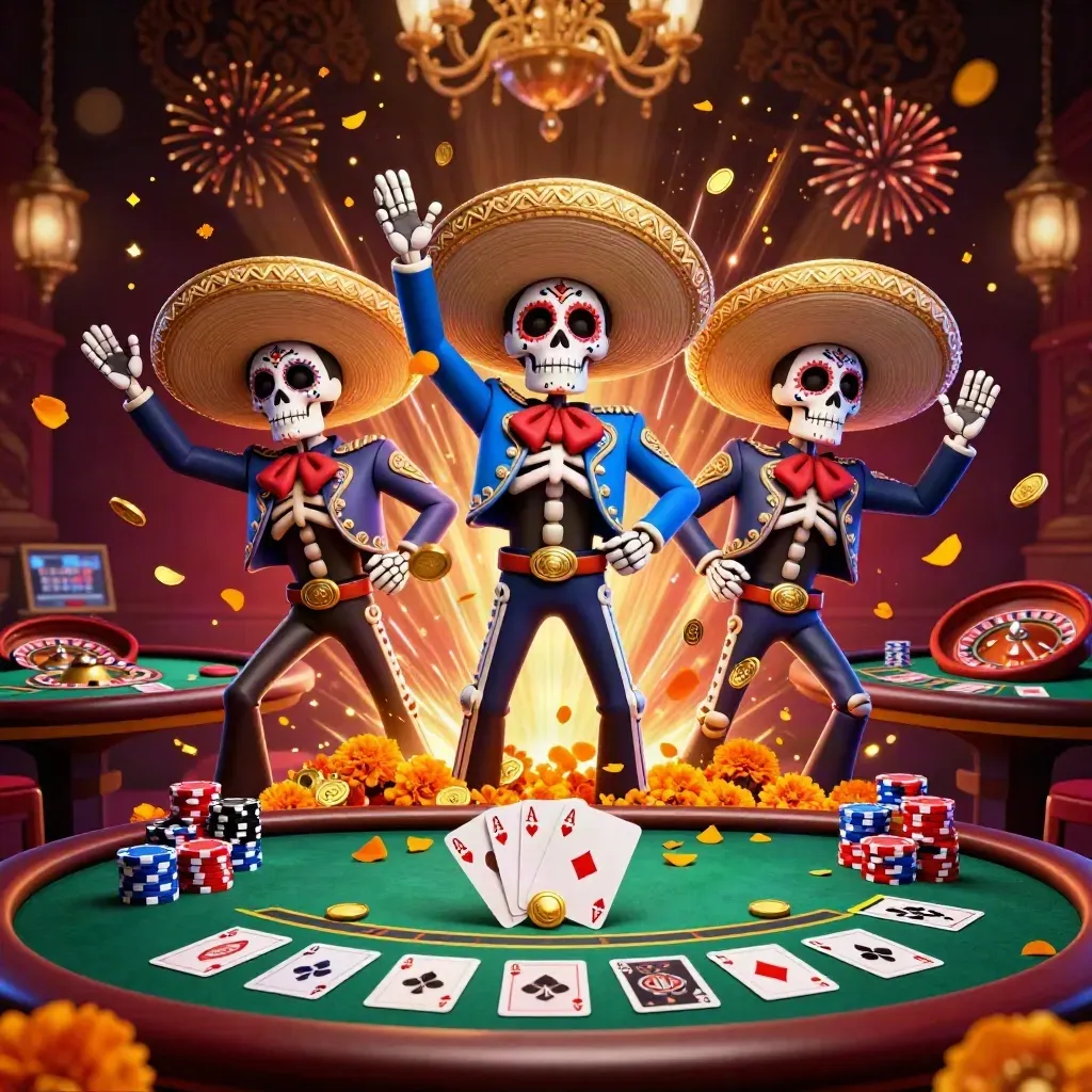 Day-of-the-Dead skeleton mariachi trio amid casino chips, cards, coins, and fireworks.