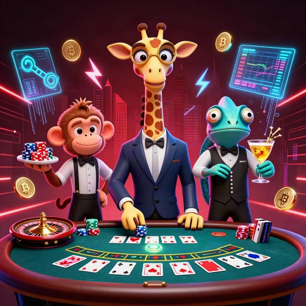 Giraffe, monkey, and chameleon at a glowing casino table with coins, cards, and neon energy