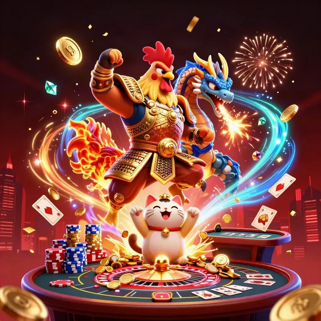 Rooster warrior, dragon hatchling and fortune-cat amid coins, roulette, cards and casino sparks.