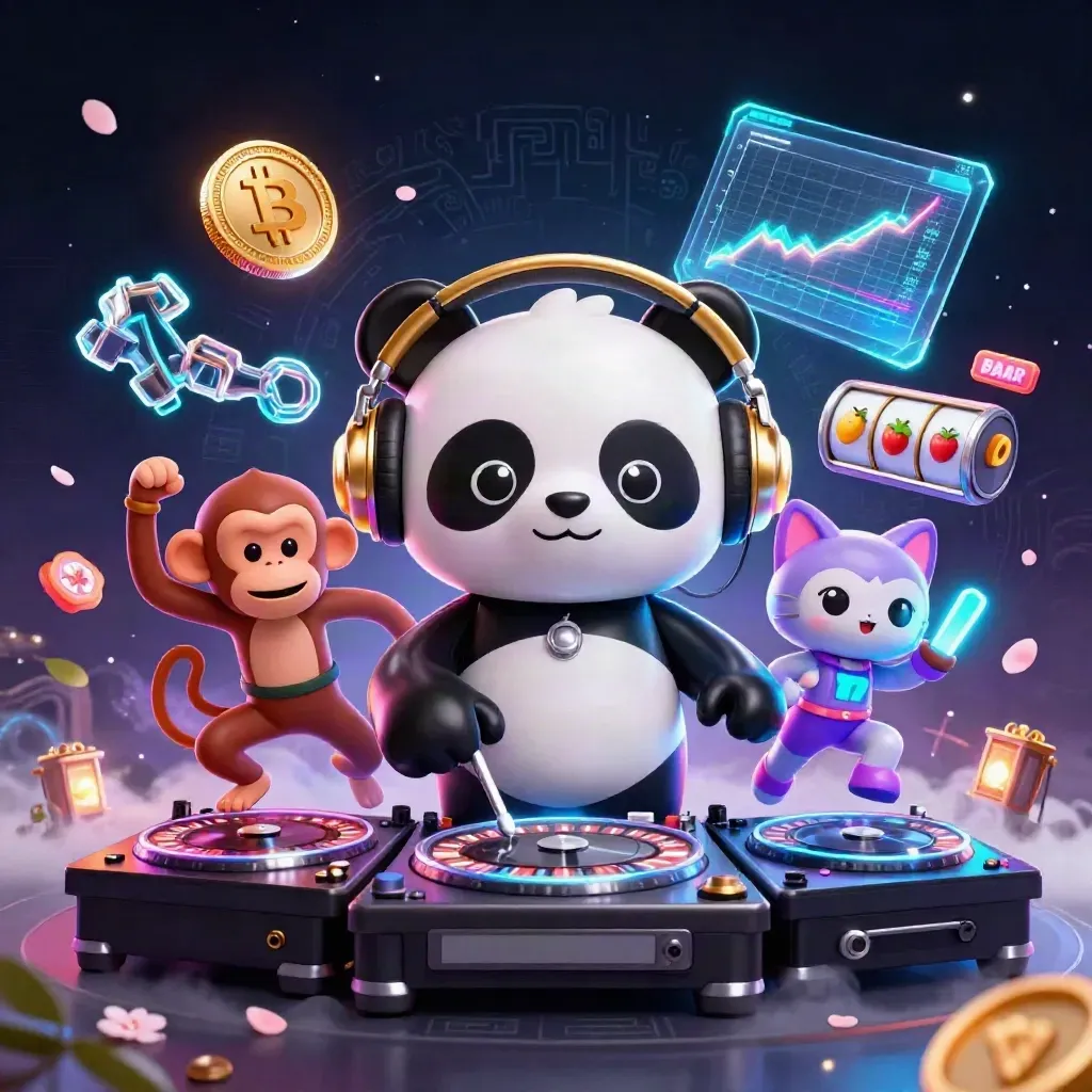 DJ panda, breakdancing monkey and rave kitten amid neon casino slots and cosmic effects