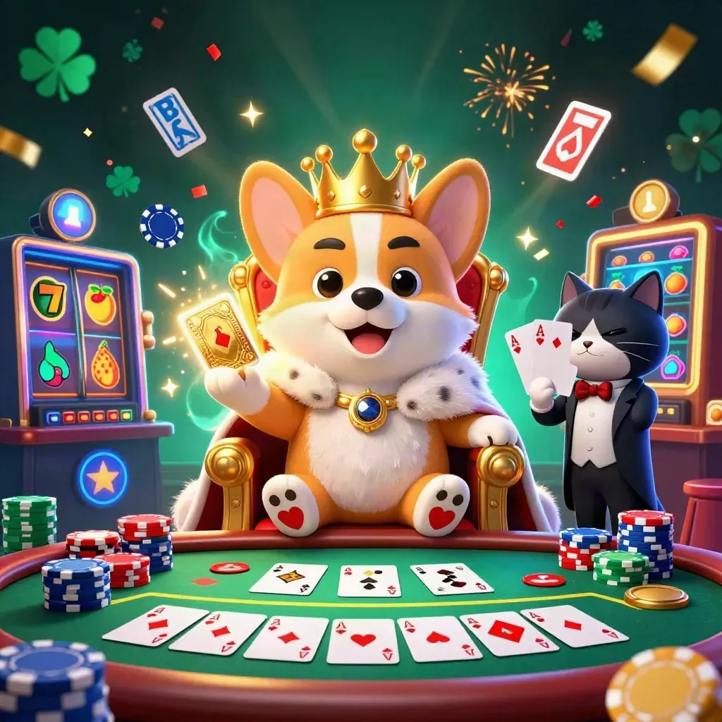 Royal corgi and cat butler amid chips, cards, reels, confetti, and neon casino glow.